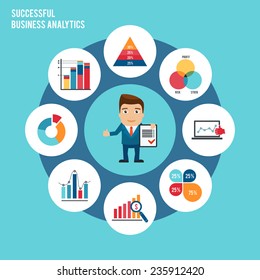Successful business analytics concept with businessman and charts graphs and diagrams vector illustration