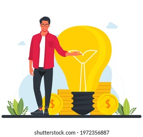 Successful business bankers are standing next to a large light bulb and coins. , looking for new investments, starting work. Time is money. Business concept illustration. Business idea.