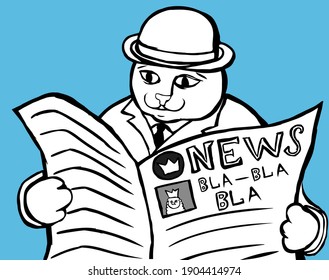 Successful business cat in business suit reading a newspaper. Black and white vector illustration.