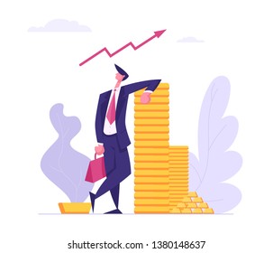 Successful Business Character with Money Cash. Financial Profit Salary Wealth Concept. Rich Businessman Making Savings Increasing Capital. Vector flat cartoon illustration