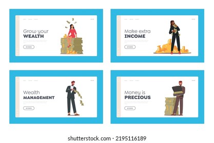 Successful Business Characters with Money Landing Page Template Set. People Celebrate Victory Successful Project, Rich Men and Women Lottery Winners, Investors Concept. Cartoon Vector Illustration