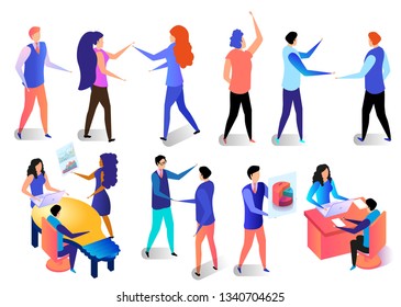 Successful Business Characters Poses and Activities in Office Set. Employees at Work. Communicating People in Different Situations Isolated on White Background. 3D Isometric Vector Illustration