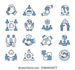 Successful business collaboration icon set. Containing teamwork, cooperation, puzzle solving, agreement, handshake, support, help, group, partnership, organization, team working. Vector