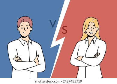 Successful business colleagues stand with arms crossed, wanting to compete in professional skills or productivity. Man vs woman in business race for position of manager on board of directors