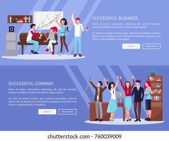 Successful business and company, pages with text sample and two buttons in it, workers relaxing and celebrating in office vector illustration