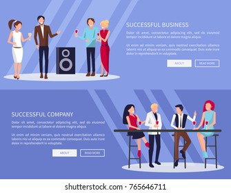 Successful business and company pictures, people dancing in club and listen to music, drinking wine and talking together vector illustration