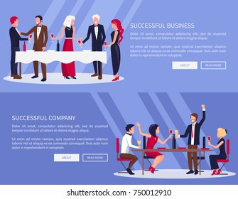 Successful business and company, web sites set, people drinking and eating in banquet and saying toasts, text and button vector illustration