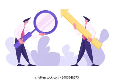 Successful Business Concept with Businessman Holding Rising Up Big Arrow. Man with Magnifying Glass. Business Research, Data Analysis. Vector flat cartoon illustration