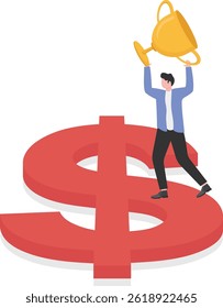 Successful business concept, businessman holding trophy standing on dollar

