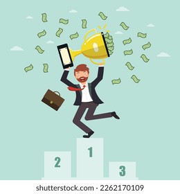 Successful business concept. Businessman standing on the winners podium with award. Happy business man jumping under money rain with Golden Trophy Cup. Vector illustration in flat style.