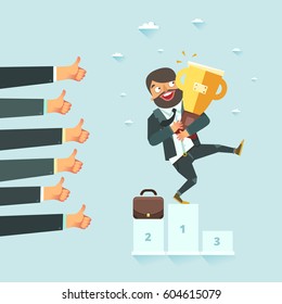 Successful business concept. Businessman standing on the winners podium with award. Lots of thumbs up hands. Vector illustration in flat style.