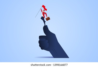 Successful business concept, businessman waving flag standing on thumbs up