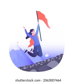 Successful business concept. Happy girl jumping with flag in her hands. Character reached his goal, person at top, mountain, rock. Cartoon flat vector illustration isolated on white background