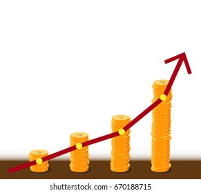 Successful Business Concept. Stack of Gold Dollar sign Coins with Rising Red Arrow Line Chart and Copy Space on Top. Isolated on White Background. Vector illustration.