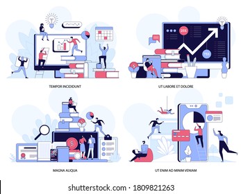 Conjunto de conceptos comerciales exitosos. Trabajo en equipo en empresa, análisis de datos, estrategia. Ilustración vectorial de los empleados que trabajan en la oficina. Metáfora de las ganancias por crecimiento, trabajo a distancia, ocupación de empleo