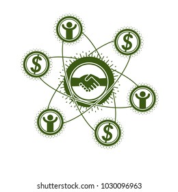 Successful Business creative logo, handshake sign, vector conceptual symbol isolated on white background. Special and unique sign.
