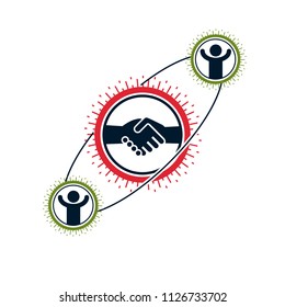 Successful Business creative logo, handshake sign, vector conceptual symbol isolated on white background. Special and unique sign.