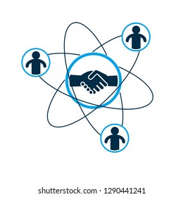 Successful Business creative logo, handshake agreement sign, vector conceptual symbol isolated on white background. Special and unique sign.