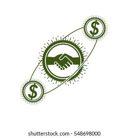 Successful Business creative logo, handshake sign, vector conceptual symbol isolated on white background. Special and unique sign.