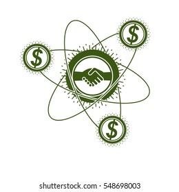 Successful Business creative logo, handshake sign, vector conceptual symbol isolated on white background. Special and unique sign.
