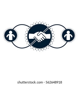 Successful Business creative logo, handshake deal sign, vector conceptual symbol isolated on white background. Special and unique sign.