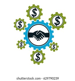 Successful Business creative logo, handshake deal sign, vector conceptual symbol isolated on white background. Special and unique sign. Gears and cogs system.