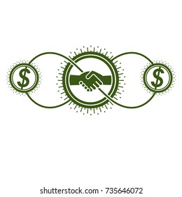 Successful Business creative logo, handshake agreement sign, vector conceptual symbol isolated on white background. Special and unique sign.