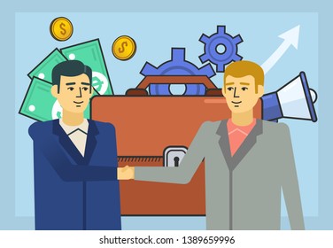 Successful business deal, agreement concept. Two businessmen handshake. Poster for social media, banner, presentation, web page. Flat design vector illustration