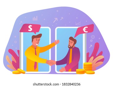 Successful business deal, b2b concept.Speech bubble with dollar and euro signs.Communication by smartphone. Money transfer mobile application.Vector flat illustration.