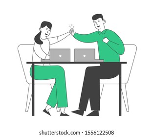 Successful Business Deal, Contract Signing, Triumph and Support Concept. Colleagues Couple Sit at Desk Giving Highfive to Each Other after Goal Achievement. Cartoon Flat Vector Illustration, Line Art