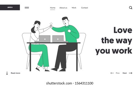 Successful Business Deal, Contract Signing Website Landing Page. Colleagues Sit at Desk Giving Highfive to Each Other after Goal Achievement Web Page Banner. Cartoon Flat Vector Illustration, Line Art