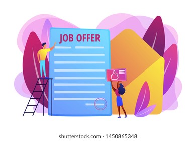 Successful business deal. Employee hiring, recruiting service. Job offer letter, international volunteer program, permanent contract concept. Bright vibrant violet vector isolated illustration