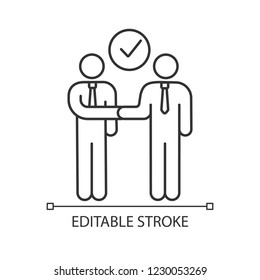 Successful business deal linear icon. Partners. Investors meeting. Trust. Thin line illustration. Partnership. Agreement, contract. Vector isolated outline drawing. Editable stroke