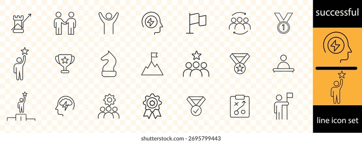 Erfolgreiche lineare Icon-Sammlung für die Geschäftsentwicklung. Mit Erfolg, Strategie, Gewinner, Teamwork, Ziel, Brainstorm. Bearbeitbar