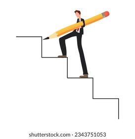 
Successful business development, strategy to achieve business goal or career achievement concept, smart businessman use huge pencil to draw stairs going up and climbing ladder.