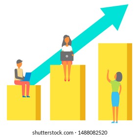 Successful business development, woman with laptop working on new projects. Chart with arrow growing up, digital devices for company growth. Vector illustration in flat cartoon style