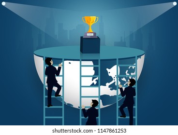 Successful business finance race concept. Businessmen competition walk up the staircase to the goal. progress in the job. of the highest organization. leadership. world vector illustration