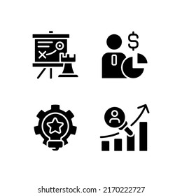 Successful business formula black glyph icons set on white space. Marketing tactics. Joint-stock company. Money-making strategy. Silhouette symbols. Solid pictogram pack. Vector isolated illustration