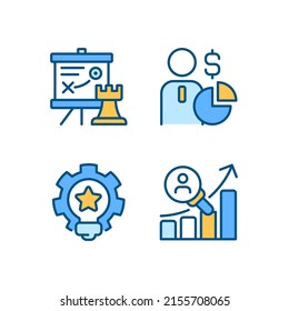 Successful business formula pixel perfect RGB color icons set. Marketing. Isolated vector illustrations. Simple filled line drawings collection. Editable stroke. Montserrat Bold, Light fonts used