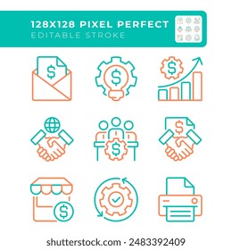 Successful business formula two color line icons set. Marketing tactics. Joint-stock company. Money making strategy bicolor outline iconset isolated. Duotone pictograms thin linear. Editable stroke