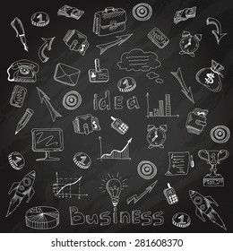 Successful business funding planning and organization detailed results analysis symbols  backboard chalk line sketch abstract vector illustration