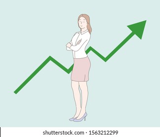 Successful business girl stand about arrow infographic.Hand drawn style vector design illustrations.