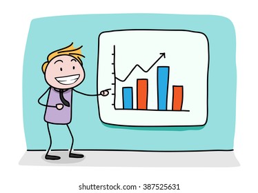 Successful Business, a hand drawn vector doodle illustration of a stick figure pointing at the business graph. Isolated on simple background.