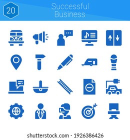 successful business icon set. 20 filled icons on theme successful business. collection of Laptop, Options, Placeholder, Hammer, Trophy, Van, Director, Basket, Businessman, Caravan - Powered by Shutterstock - Get 15% off with code: PIKWIZARD15