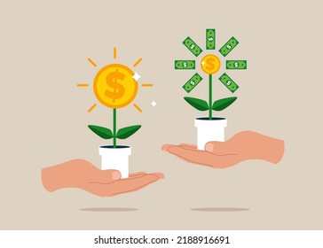 Successful business icon set. Businessman hands holding Growing paper money tree shining coin with dollar sign Plant in the pot. Financial growth concept. 