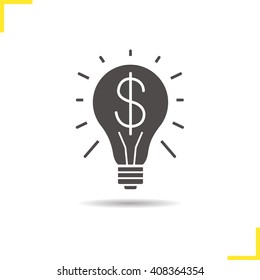 Successful business idea icon. Drop shadow electric bulb with dollar sign silhouette symbol. Vector isolated illustration