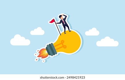 A successful business idea, innovation, or invention enables entrepreneurs to start new ventures and achieve career goals, concept of businessman holding winner flag riding flying lightbulb idea