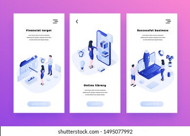 Successful business isometric smartphone interface banners templates set. Financial success, aiming at target audience web poster. Online library, digital books collection website page design layout