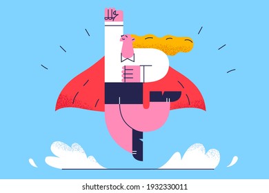 Successful business lady office worker and leadership concept. Young positive woman in suit taking off with hand raised feeling confident successful vector illustration