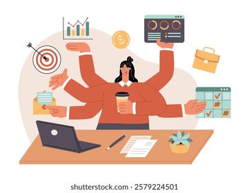 Successful business lady in office workplace. Cartoon multitasking woman, productive and efficient employee character, vector illustration